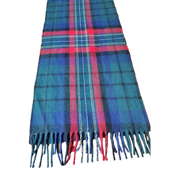 Vintage Eddie Bauer 100% Wool Scarf Fringe PLAID Blue Red Outdoor Holidays Men - Picture 1 of 7